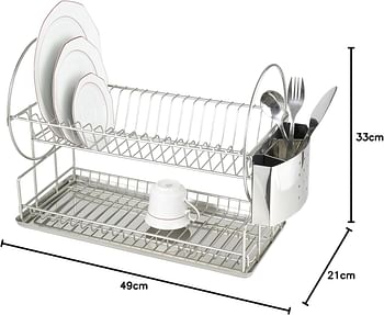 WENKO Exclusive Duo Dish Rack Stainless Steel Dishware Drainer & Dryer Home Kitchen Accessory Ideal Size for Sink 21x33x49cm Silver Matt