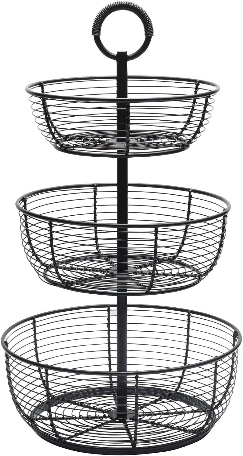 Gourmet Basics By Mikasa Round Wrap 3-Tier Metal Floor Standing Fruit/Home Storage Basket, Easy Assembly, Antique Black