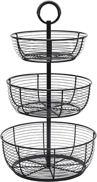 Gourmet Basics By Mikasa Round Wrap 3-Tier Metal Floor Standing Fruit/Home Storage Basket, Easy Assembly, Antique Black