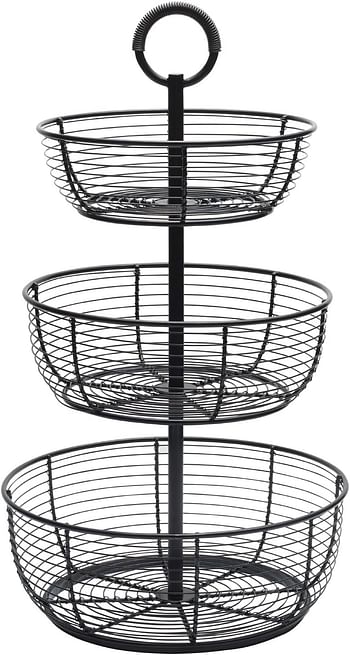 Gourmet Basics By Mikasa Round Wrap 3-Tier Metal Floor Standing Fruit/Home Storage Basket, Easy Assembly, Antique Black