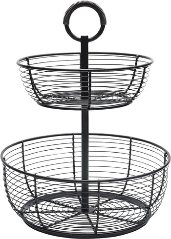 Gourmet Basics By Mikasa Round Wrap 3-Tier Metal Floor Standing Fruit/Home Storage Basket, Easy Assembly, Antique Black