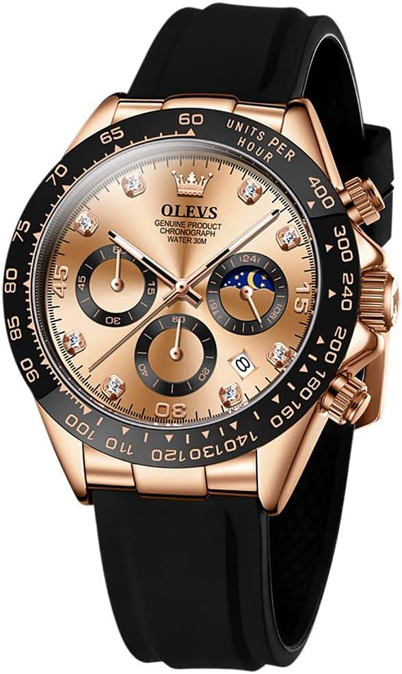 OLEVS Watch for Men Silicone Strap Chronograph Luxury Multifunction Dial Luminous Waterproof Calendar Moon Phase Analog Quartz Sports Wrist Watches, Rose Gold and Gold, strap