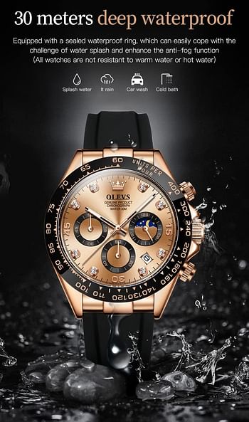 OLEVS Watch for Men Silicone Strap Chronograph Luxury Multifunction Dial Luminous Waterproof Calendar Moon Phase Analog Quartz Sports Wrist Watches, Rose Gold and Gold, strap