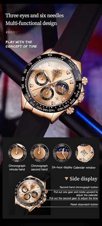 OLEVS Watch for Men Silicone Strap Chronograph Luxury Multifunction Dial Luminous Waterproof Calendar Moon Phase Analog Quartz Sports Wrist Watches, Rose Gold and Gold, strap