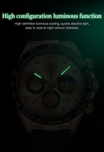 OLEVS Watch for Men Silicone Strap Chronograph Luxury Multifunction Dial Luminous Waterproof Calendar Moon Phase Analog Quartz Sports Wrist Watches, Rose Gold and Gold, strap