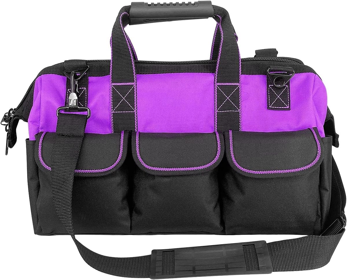 yongzhenlite Garden Tools Bag 15inch Wide Mouth Tool Bag with Molded Base Tool Tote for Men Heavy Duty,600D polyester fabric (Purple color)