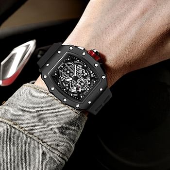 DROCUAMGOYA Men Analog Quartz Watch Tonneau Waterproof Fashion Sport Watches Silicone Band Hollow Skeleton Dial Wristwatch for Men Auto Date, black band black case, 50, Quartz Watch