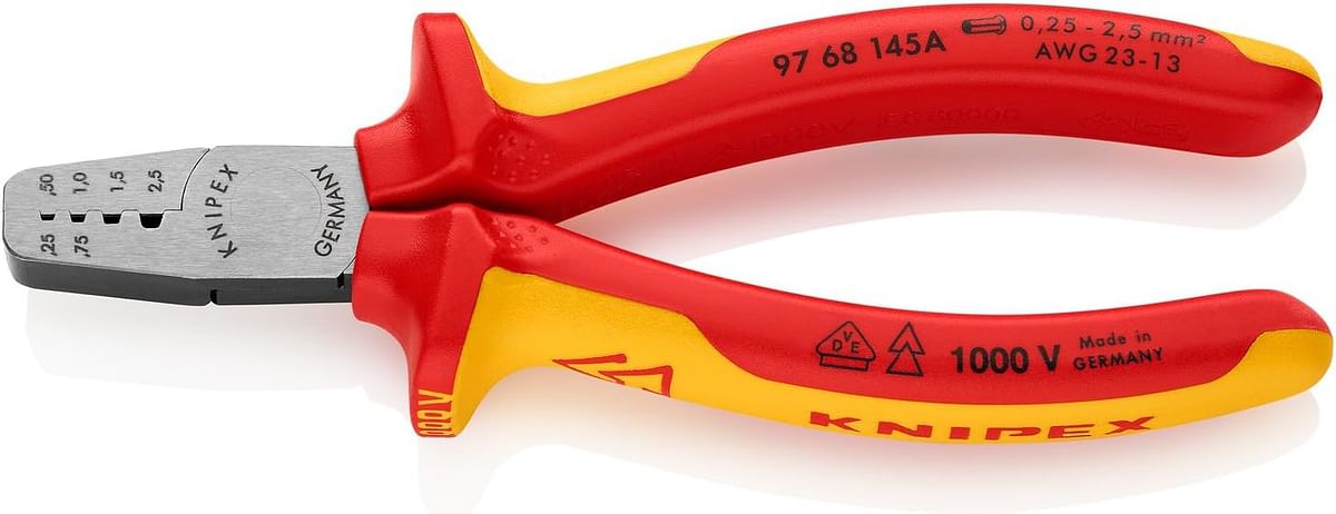 KNIPEX 97 68 145 A Crimping Pliers for end sleeves (ferrules) insulated with multi-component grips, VDE-tested 145 mm