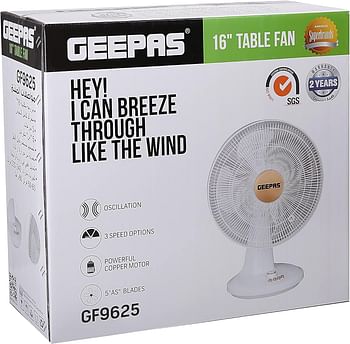 Geepas 16-inch table fan | 3 speed settings with oscillating rotating and static feature electric portable desktop cooling fan for desk home or office use - White