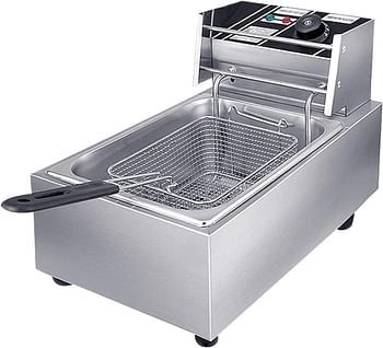 Commercial Counter top Electric 6L Deep Fryer Single Stainless Steel Container Adjustable 50-190 ℃ Temperature - Silver