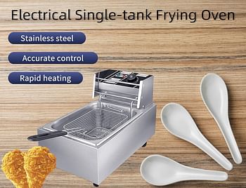 Commercial Counter top Electric 6L Deep Fryer Single Stainless Steel Container Adjustable 50-190 ℃ Temperature - Silver