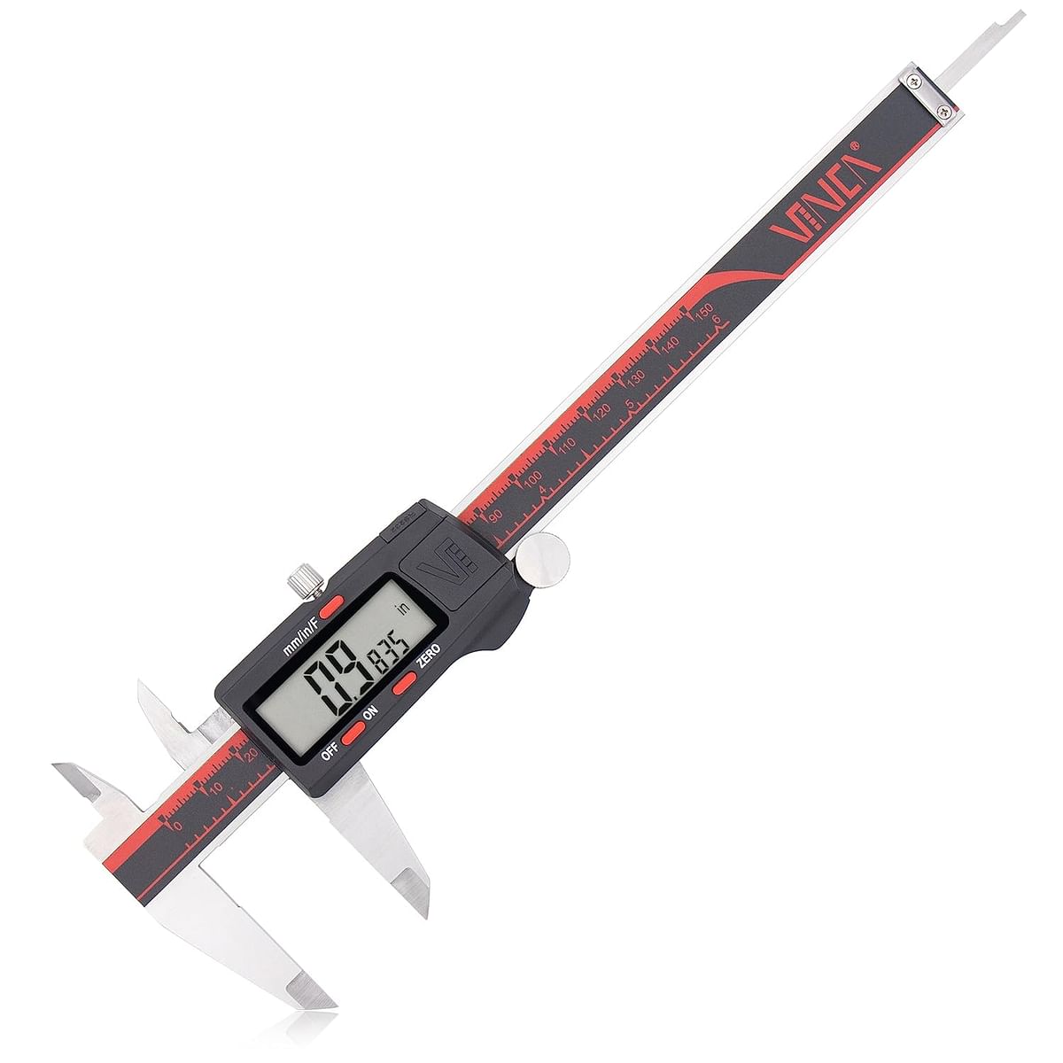 VINCA DCLA-0605 Electronic Digital Vernier Micrometer Caliper Measuring Tool Stainless Steel Large LCD Screen 0-6 Inch/150mm, Inch/Metric/Fractions - Red, Black