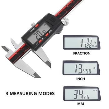 VINCA DCLA-0605 Electronic Digital Vernier Micrometer Caliper Measuring Tool Stainless Steel Large LCD Screen 0-6 Inch/150mm, Inch/Metric/Fractions - Red, Black