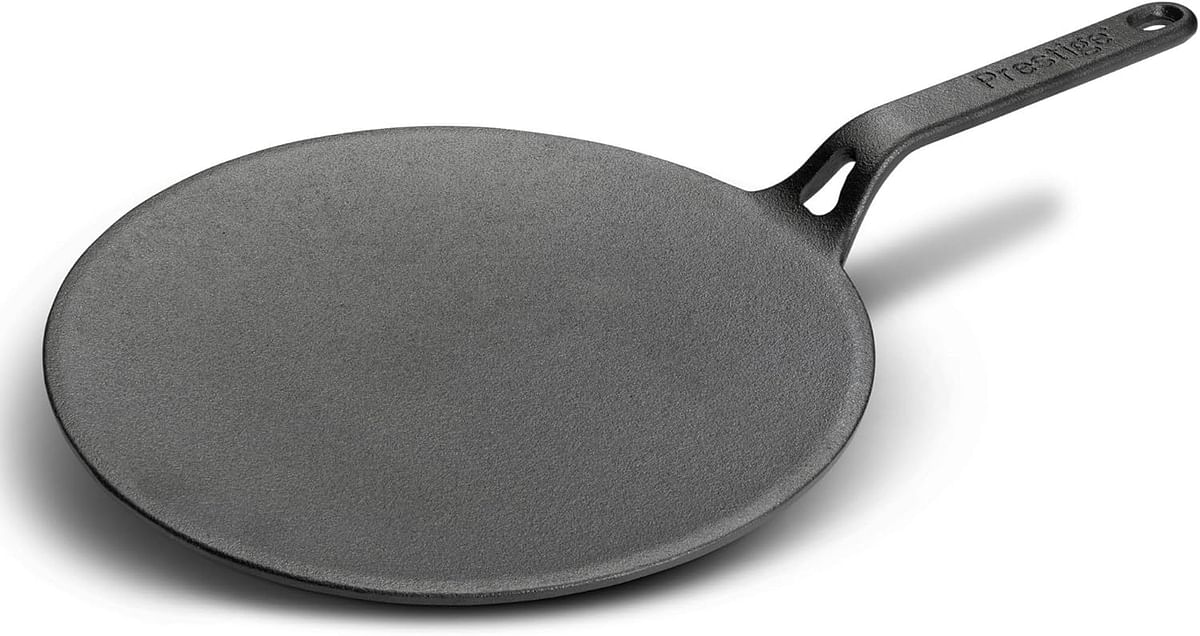 Prestige Cast Iron Curved Tawa 26 cm Induction Pan with Stick Handle Pre-Seasoned Cookware PR48884 - Black