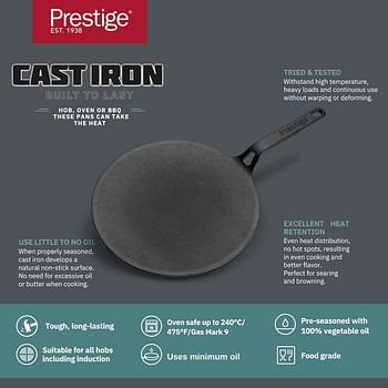 Prestige Cast Iron Curved Tawa 26 cm Induction Pan with Stick Handle Pre-Seasoned Cookware PR48884 - Black