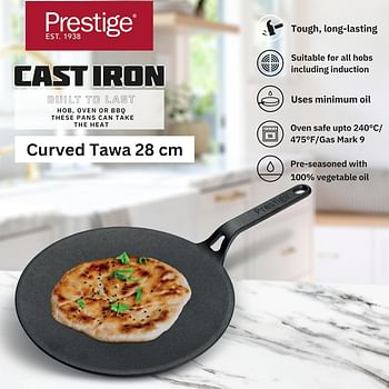 Prestige Cast Iron Curved Tawa 26 cm Induction Pan with Stick Handle Pre-Seasoned Cookware PR48884 - Black