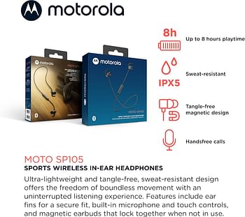 Motorola Bluetooth Sport Neckband SP105 in-Ear Wireless Headphones with Mic for Clear Phone Calls - IPX5 Sweat Resistant Light Tangle-Free Design for Active Lifestyle Ear Fins for Secure Fit - Black