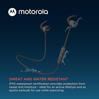 Motorola Bluetooth Sport Neckband SP105 in-Ear Wireless Headphones with Mic for Clear Phone Calls - IPX5 Sweat Resistant Light Tangle-Free Design for Active Lifestyle Ear Fins for Secure Fit - Black