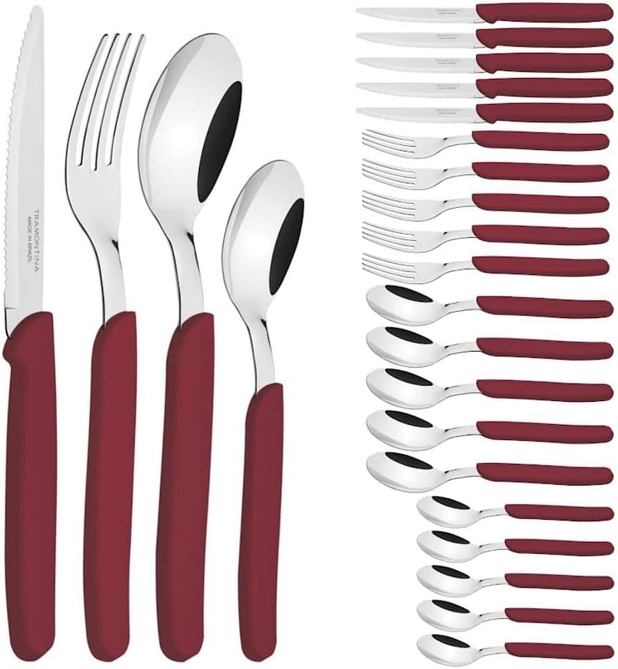 Tramontina 24 pcs Tableware Set - Stainless Steel Silverware Cutlery Set Flatware Travel Professional Kitchen Set for Home with Forks and Knives Red