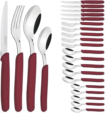 Tramontina 24 pcs Tableware Set - Stainless Steel Silverware Cutlery Set Flatware Travel Professional Kitchen Set for Home with Forks and Knives Red