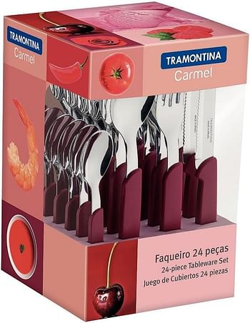 Tramontina 24 pcs Tableware Set - Stainless Steel Silverware Cutlery Set Flatware Travel Professional Kitchen Set for Home with Forks and Knives Red