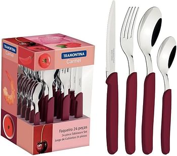 Tramontina 24 pcs Tableware Set - Stainless Steel Silverware Cutlery Set Flatware Travel Professional Kitchen Set for Home with Forks and Knives Red