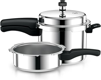 Royalford 5L Pressure Cooker with 3L Pressure Pan Improved Pressure Regulator Durable Aluminium Construction Comfortable Handle Common Lid Combo Pack  RF12182 - Silver