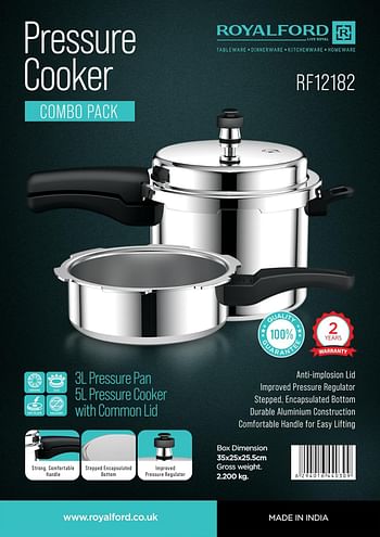 Royalford 5L Pressure Cooker with 3L Pressure Pan Improved Pressure Regulator Durable Aluminium Construction Comfortable Handle Common Lid Combo Pack  RF12182 - Silver