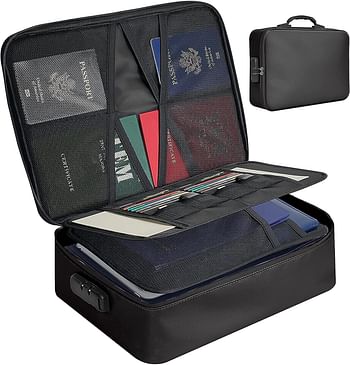 ELONSEY Document Organizer with Safe Code Lock, Fireproof File Storage Bag, Multi-Layer Portable Travel Paper Organization, Bank Cards Valuables Travel Bag with Separators