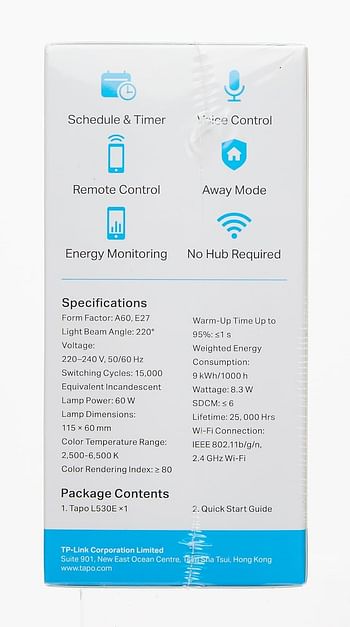 مصباح ذكي تابو L530E من تي بي لينك، متعدد الالوان، قابل للتعتيم، 60 واط، جدول زمني ومؤقت، يعمل مع امازون اليكسا ومساعد جوجل، مقبس E27، موفر للطاقة، لا يتطلب موزع