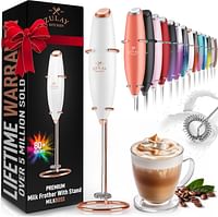 Zulay Powerful Milk Frother Handheld Foam Maker for Lattes - Whisk Drink Mixer for Coffee, Mini Foamer for Cappuccino, Frappe, Matcha, Hot Chocolate by Milk Boss (Exec White with Rose Gold Stand)