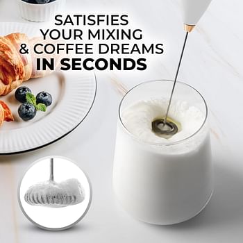 Zulay Powerful Milk Frother Handheld Foam Maker for Lattes - Whisk Drink Mixer for Coffee, Mini Foamer for Cappuccino, Frappe, Matcha, Hot Chocolate by Milk Boss (Exec White with Rose Gold Stand)