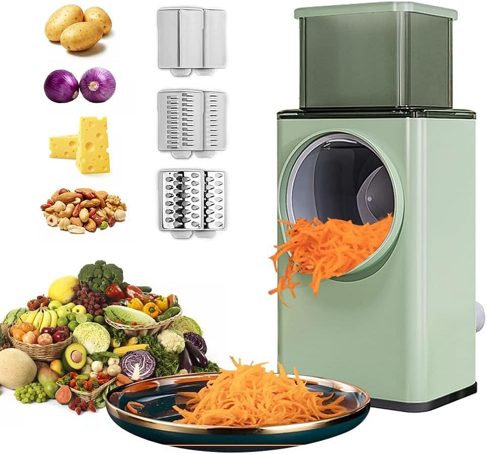 Eacam Multifunctional Vegetable Cutter Chopper Rotary Cheese Grater 3-in-1 Shredder Slicer Grinder Salad Maker Machine with Stainless Steel Roller Blades for Vegetable Fruit Nut