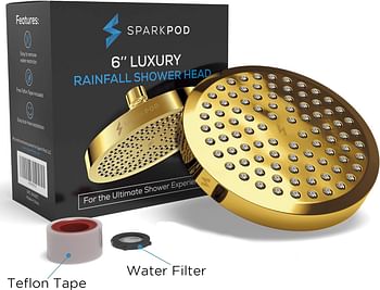 SparkPod Shower Head - High Pressure Rain - Luxury Modern Gold Look - Easy Tool Free Installation - The Perfect Adjustable Replacement For Your Bathroom Shower Heads Modern - Gold