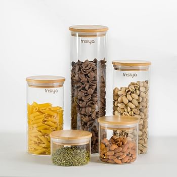 INSIYA Glass Food Storage Containers with Bamboo Lids - Set of 5 Kitchen Glass Canisters - Candy, Cookie, Rice and Spice Jars - Sugar or Flour Container - Big and Small Airtight Food Jar for Pantry