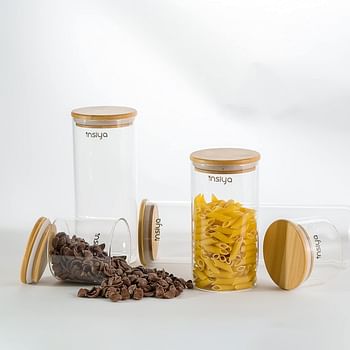 INSIYA Glass Food Storage Containers with Bamboo Lids - Set of 5 Kitchen Glass Canisters - Candy, Cookie, Rice and Spice Jars - Sugar or Flour Container - Big and Small Airtight Food Jar for Pantry