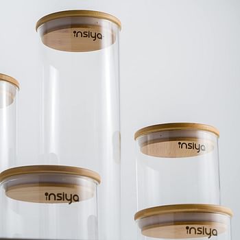 INSIYA Glass Food Storage Containers with Bamboo Lids - Set of 5 Kitchen Glass Canisters - Candy, Cookie, Rice and Spice Jars - Sugar or Flour Container - Big and Small Airtight Food Jar for Pantry