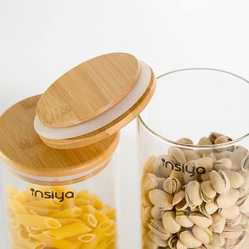 INSIYA Glass Food Storage Containers with Bamboo Lids - Set of 5 Kitchen Glass Canisters - Candy, Cookie, Rice and Spice Jars - Sugar or Flour Container - Big and Small Airtight Food Jar for Pantry