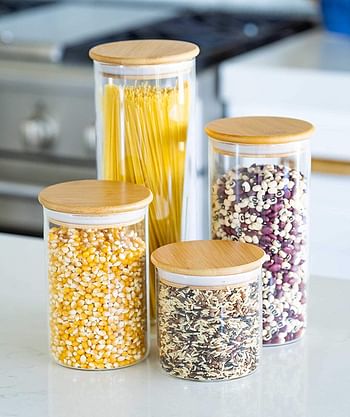 INSIYA Glass Food Storage Containers with Bamboo Lids - Set of 5 Kitchen Glass Canisters - Candy, Cookie, Rice and Spice Jars - Sugar or Flour Container - Big and Small Airtight Food Jar for Pantry