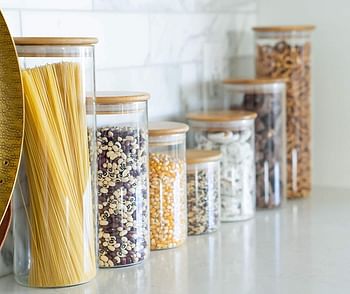 INSIYA Glass Food Storage Containers with Bamboo Lids - Set of 5 Kitchen Glass Canisters - Candy, Cookie, Rice and Spice Jars - Sugar or Flour Container - Big and Small Airtight Food Jar for Pantry