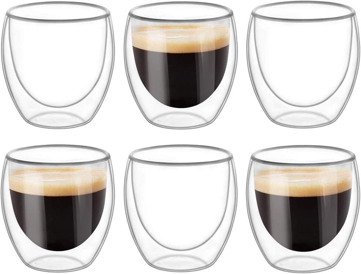 Rubik Double Wall Cup 250ml Thermo Insulated Glass for Tea Coffee Espresso Cold Drinks Ice Cream (8.5oz, Pack of 6, Medium 250ml)