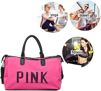 Befound Gym Bag For Women,Pink Letters Pattern Waterproof Oxford Fabric Crossbody Bag,Large Capacity Sports Duffel Bag. Yoga Travel Handbag,Black Sports Bags & Backpacks,Shoulder Bag(Pink-A)