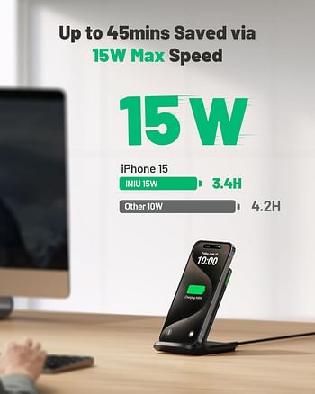 INIU Wireless Charger, 15W Qi Certified Fast Wireless Charging Stand with Sleep-Friendly Adaptive Light for iPhone 15 14 13 12 11 Pro Max XS 8 Plus Samsung Galaxy S23 S22 Ultra S21 S20 Note 20 Google