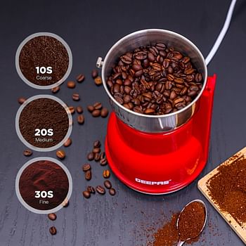 Geepas 150W Electric Coffee Grinder - Stainless Steel Blade Stainless Steel Cup for Grinding GCG5440 Overheat Protection Removable Steel Bowl