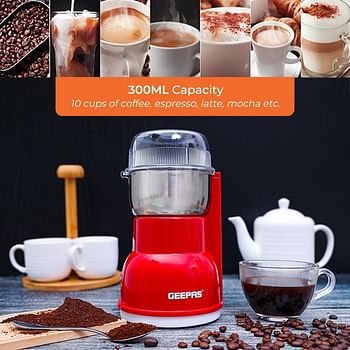 Geepas 150W Electric Coffee Grinder - Stainless Steel Blade Stainless Steel Cup for Grinding GCG5440 Overheat Protection Removable Steel Bowl