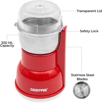 Geepas 150W Electric Coffee Grinder - Stainless Steel Blade Stainless Steel Cup for Grinding GCG5440 Overheat Protection Removable Steel Bowl