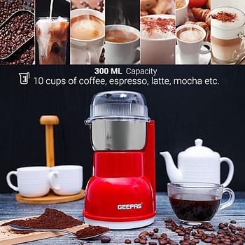 Geepas 150W Electric Coffee Grinder - Stainless Steel Blade Stainless Steel Cup for Grinding GCG5440 Overheat Protection Removable Steel Bowl