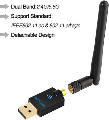 Wi-Fi Adapter Wireless Usb Adapter Dual Band 5G/2.4G With 2dBi AC 600Mbps External Antenna Network Card Support Desktop Laptop Windows XP,Windows Vista win7 Win8 Win10 Mac OS X 10.6-10.13