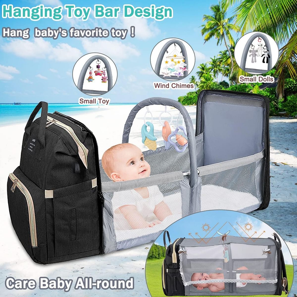 Diaper Bag Backpack, Baby Bag Diaper Bag with Changing Station & Toy Bar, Baby Girl Boy Diaper Bag for Dad Mom Travel Baby Shower Gifts, Large Capacity, 900d Oxford, USB Port, 3 Toys