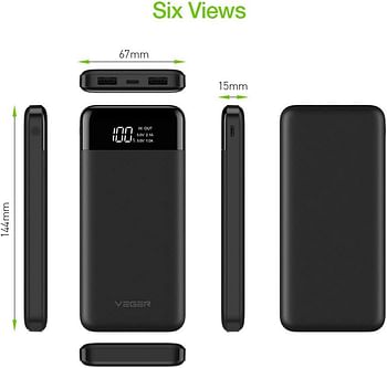 VEGER Slim power bank 10000mAh li-polymer external battery charge, LCD display portable power bank for IPhone,Samsung,Huawei  - Black